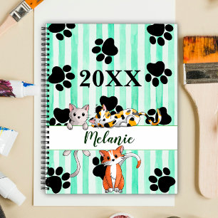 Agenda Gatitos y patas personalizados con fondo de rayas 