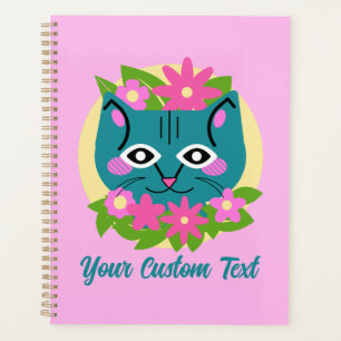 Agenda Gato azul personalizable con flores rosas
