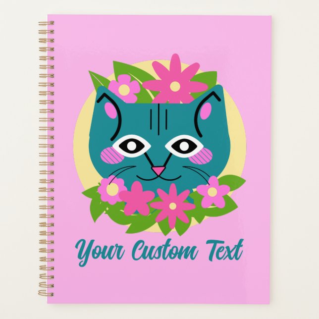 Agenda Gato azul personalizable con flores rosas (Anverso)