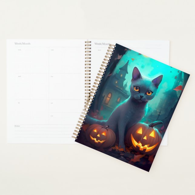 Agenda Gato azul ruso de Halloween con calabazas aterrado (Demostración)
