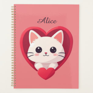 Agenda Gato Blanco Adorable con Corazón Diseño de Amor Ga