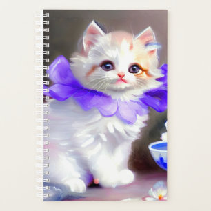 Agenda Gato blanco con pintura de cuello de flores morada