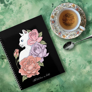 Agenda Gato Blanco Floral Pastel Botánico Romántico Negro