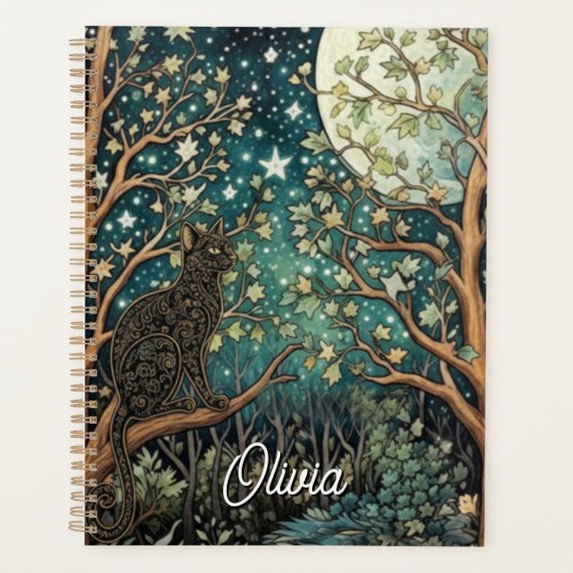 Agenda Gato boho cielo nocturno estrellado bosque (Anverso)