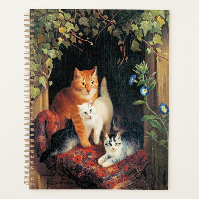 Agenda Gato con gatitos, pintura artística fina, (Anverso)