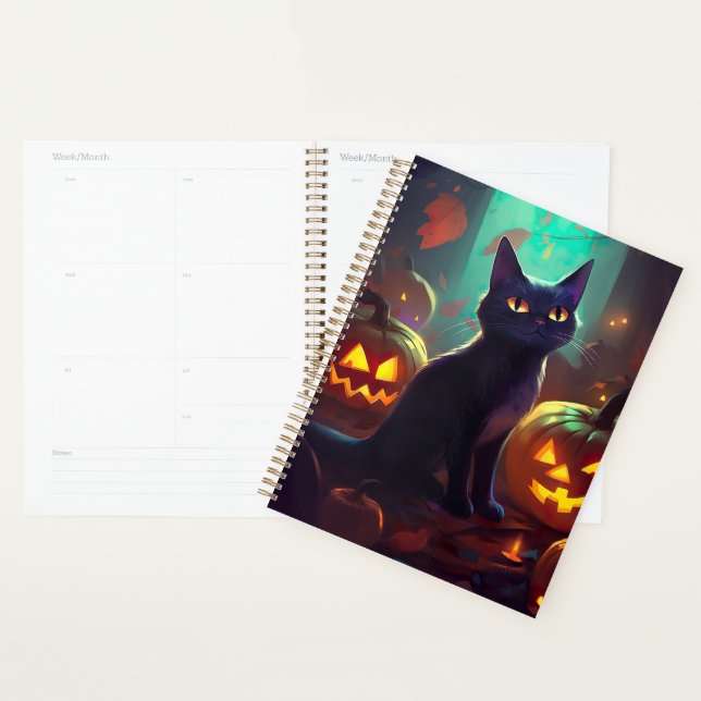 Agenda Gato de Halloween Tuxedo con calabazas aterradoras (Demostración)