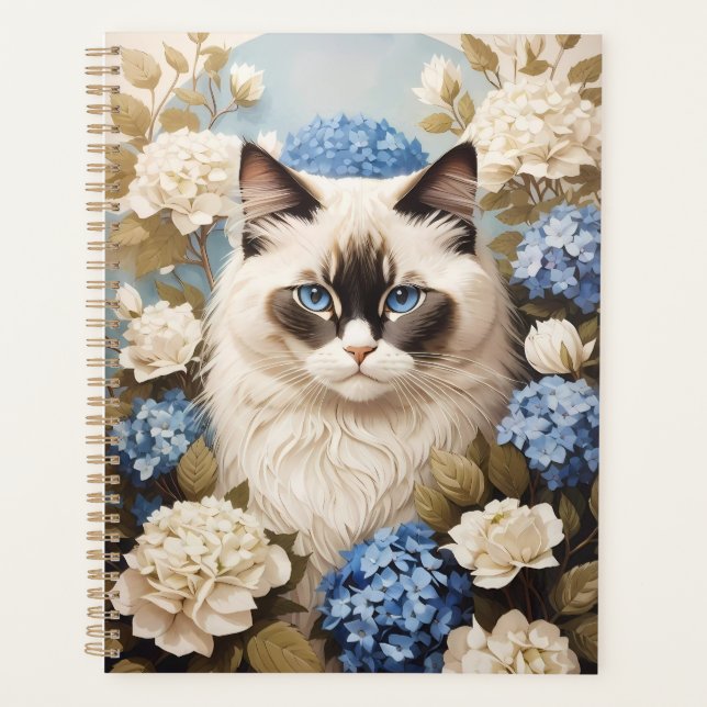 Agenda Gato De Ragdoll Con Flores De Hidrangea Azul (Anverso)