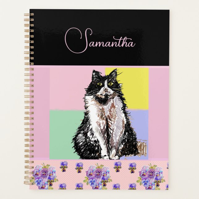 Agenda Gato de Tuxedo Gatos Pastel Personalizable Chicas  (Anverso)