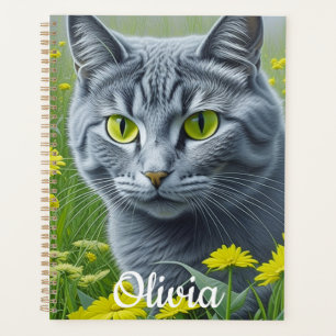 Agenda Gato gris blanco con ojos amarillos personalizado