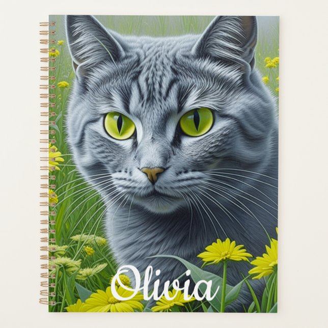 Agenda Gato gris blanco con ojos amarillos personalizado (Anverso)