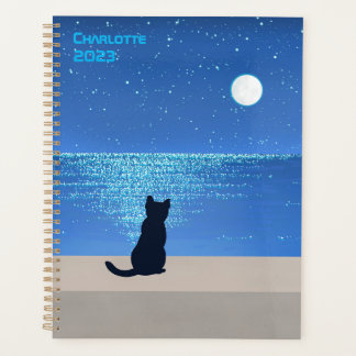 Agenda Gato negro bajo la noche estrellada de luna llena