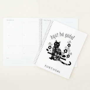 Agenda Gato negro con flores y expresión portuguesa