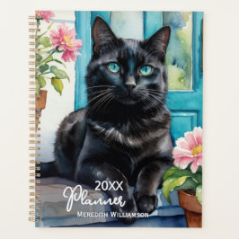 Agenda Gato Negro Elegante Acuarela Año Personalizado