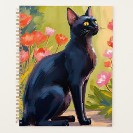 Agenda Gato Negro | Gatito Mascota Acuarela Flores Pintad