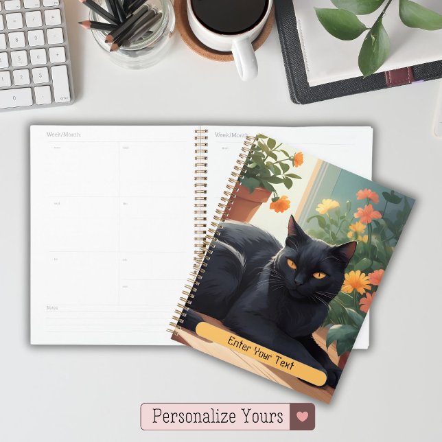 Agenda Gato negro personalizado con flores en maceta (Personalized Black cat with potted flowers Planner)