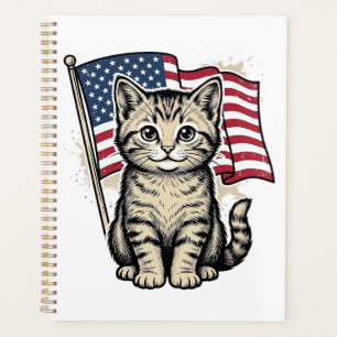 Agenda Gato Patriótico con Bandera Americana Diseño Vecto
