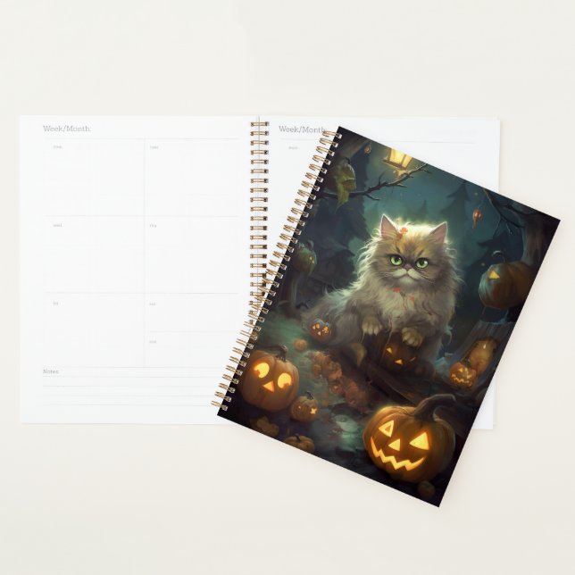 Agenda Gato persa de Halloween con calabazas aterradoras (Demostración)