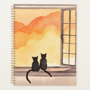 Agenda Gatos en la ventana Silueta de acuarela al atard