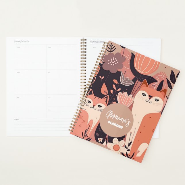 Agenda Gatos y flores de boho rosa personalizados (Demostración)