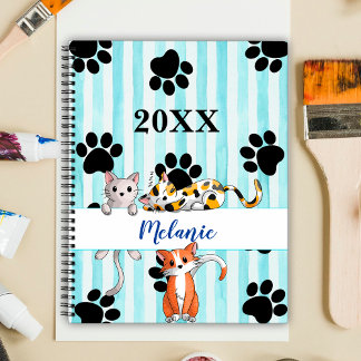 Agenda Gatos y patas personalizados con fondo de rayas az
