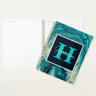 Agenda Geode de Agate Azul Monograma Simple Moderno
