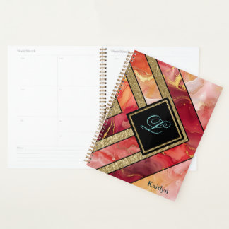 Agenda Geométrico Rojo Oro Moderno Único