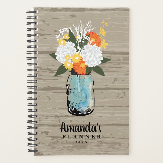 Agenda Gerber Daisy Mason Jar, Naranja de Madera Rústica  (Anverso)