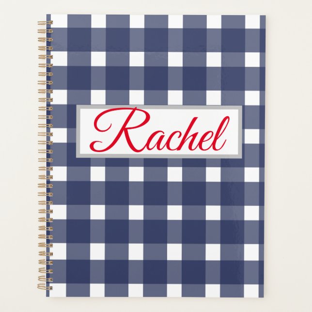 Agenda Gingham blanco azul personalizado  (Anverso)