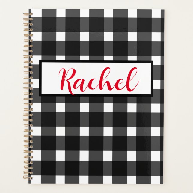 Agenda Gingham blanco negro personalizada (Anverso)