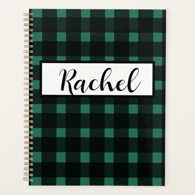 Agenda Gingham verde negro personalizada (Anverso)