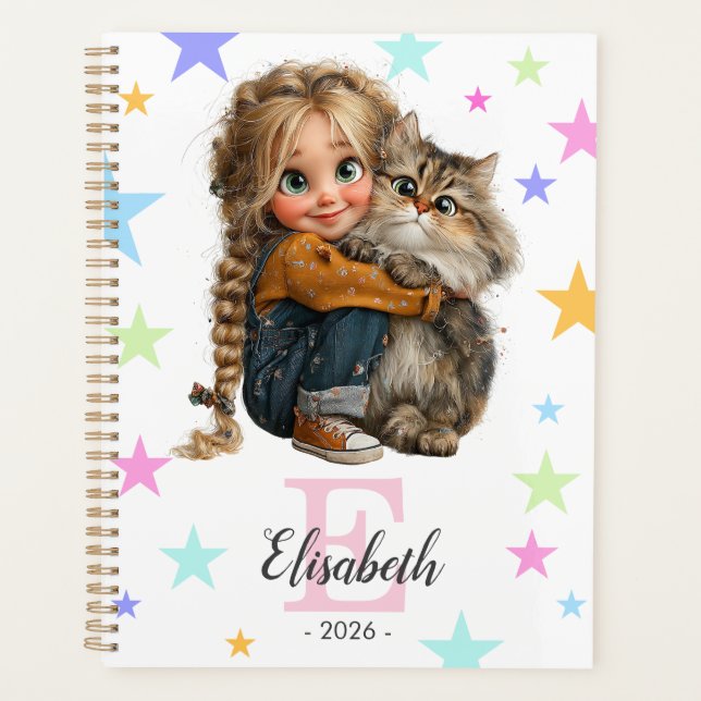 Agenda Girl and Kitten Monogram Any Initial & Name (Anverso)