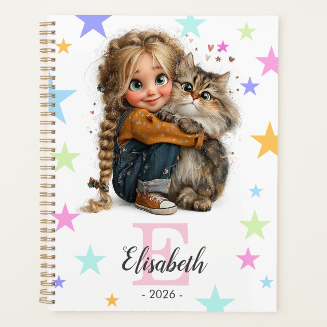 Agenda Girl and Kitten Monogram Any Initial & Name (Anverso)