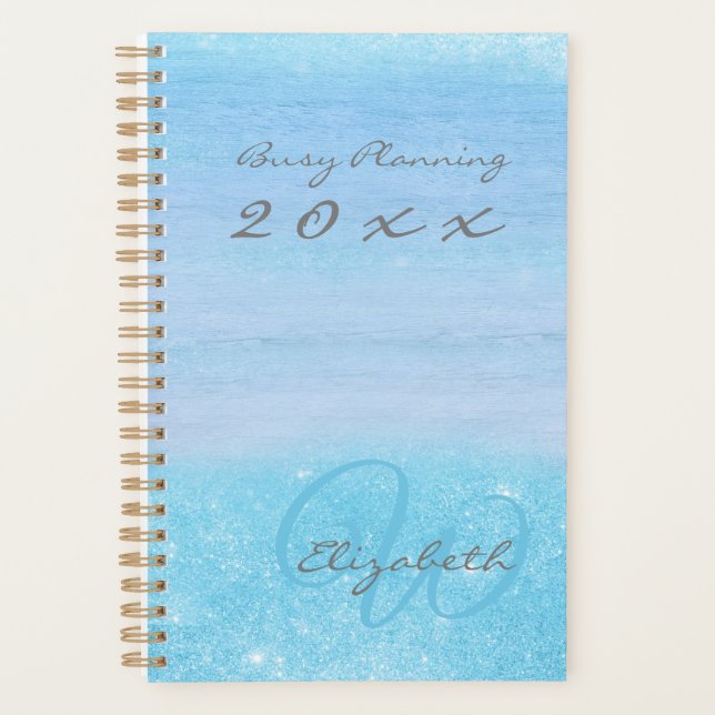 Agenda Girly Aqua Blue Ombre con Monograma (Anverso)