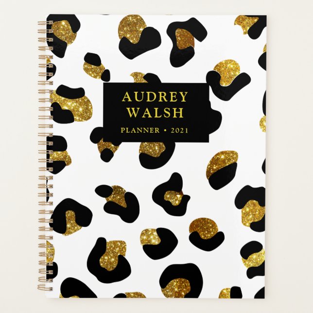 Agenda Girly Purpurinoso Oro Leopardo Blanco impresión Lu (Anverso)
