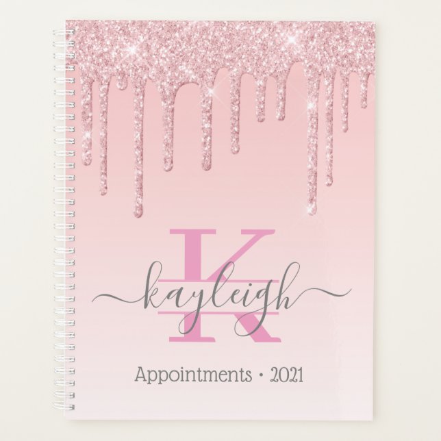 Agenda Girly Rosa Oro Purpurina Drips Ombre Monograma 202 (Anverso)