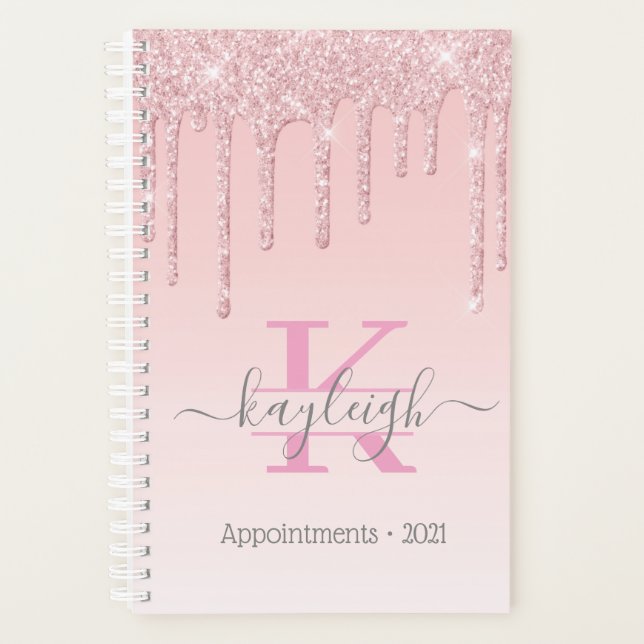 Agenda Girly Rosa Oro Purpurina Drips Ombre Monograma 202 (Anverso)
