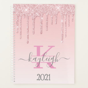 Agenda Girly Rosa Oro Purpurina Drips Ombre Monograma 202