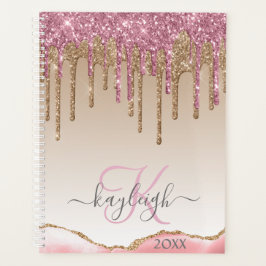 Agenda Girly Rosa Oro Purpurina Drips Ombre Monograma 202