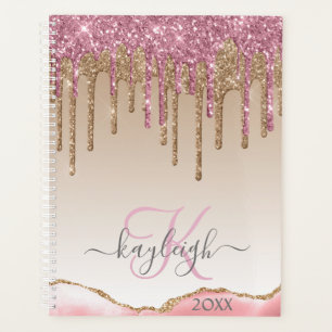 Agenda Girly Rosa Oro Purpurina Drips Ombre Monograma 202