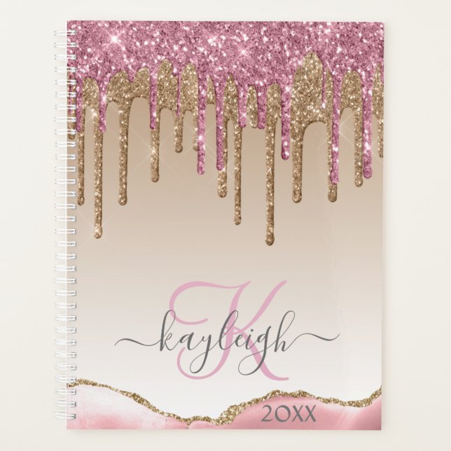 Agenda Girly Rosa Oro Purpurina Drips Ombre Monograma 202 (Anverso)