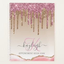 Agenda Girly Rosa Oro Purpurina Drips Ombre Monograma 202