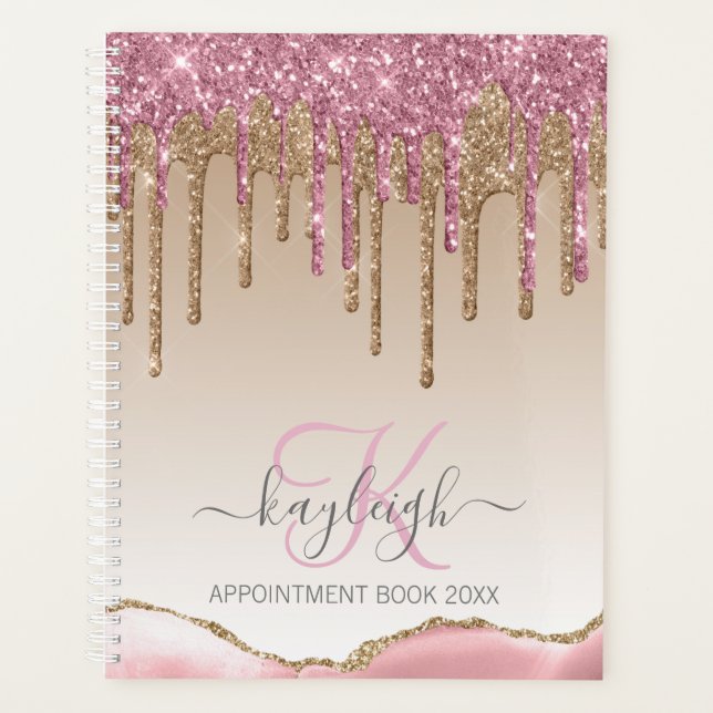Agenda Girly Rosa Oro Purpurina Drips Ombre Monograma 202 (Anverso)