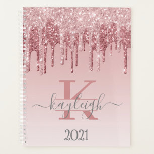 Agenda Girly Rosa Oro Purpurina Drips Ombre Monograma 202