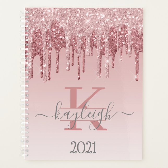Agenda Girly Rosa Oro Purpurina Drips Ombre Monograma 202 (Anverso)