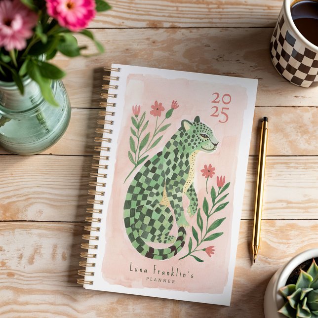 Agenda Girly Watercolor Abstract Cheetah Floral (Girly Watercolor Abstract Checkered Cheetah Floral Planner)