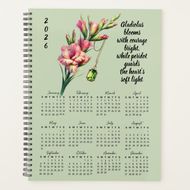 Agenda Gladiolus & Peridot August Verse – 2026 Full-Year  (Anverso)