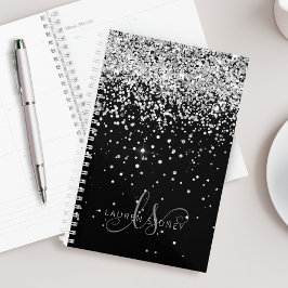 Agenda Glam Black Silver Purpurina Monograma Nombre