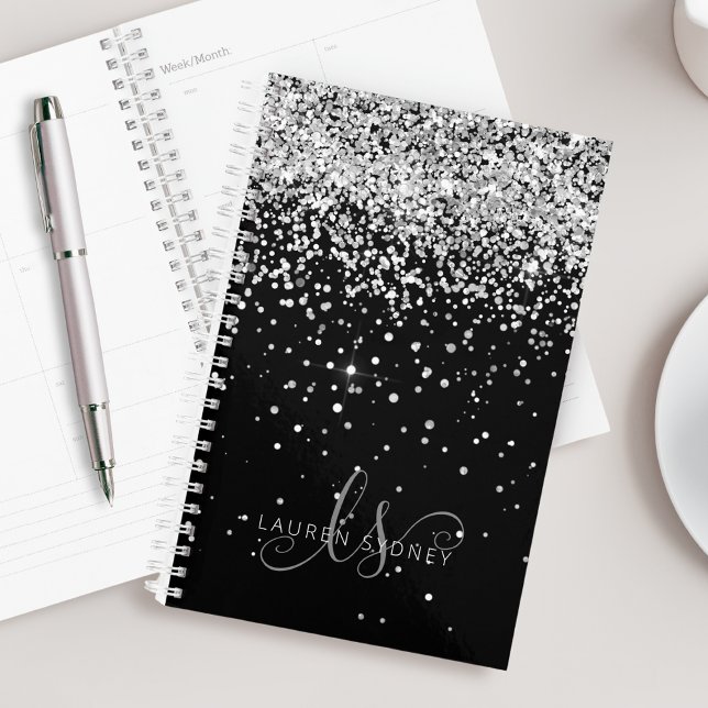 Agenda Glam Black Silver Purpurina Monograma Nombre (Subido por el creador)