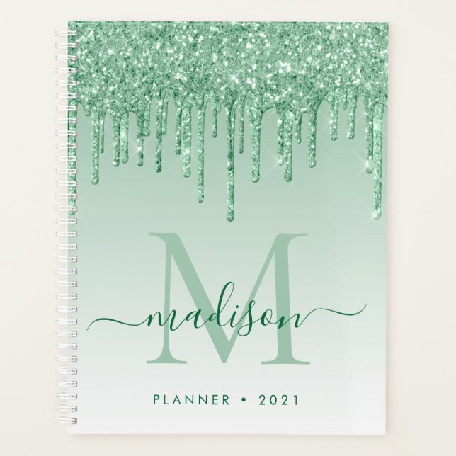Agenda Glam Mint Green Purpurina Drips Girly Monograma 20 (Anverso)