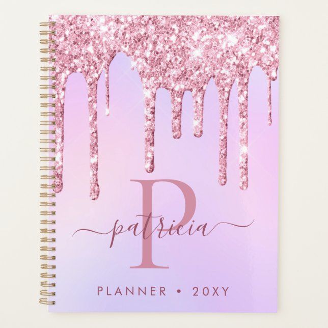 Agenda Glam Purpurina Rosa Dris Elegante Monograma Planne (Anverso)